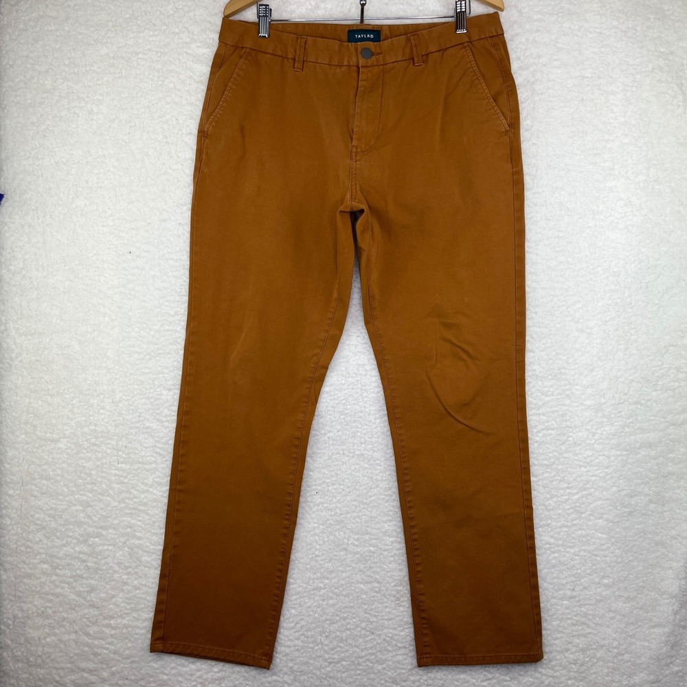 TAYLRD Mens Chino Pants Tobacco Brown Stretch Cotton Slim Straight Size 35x32